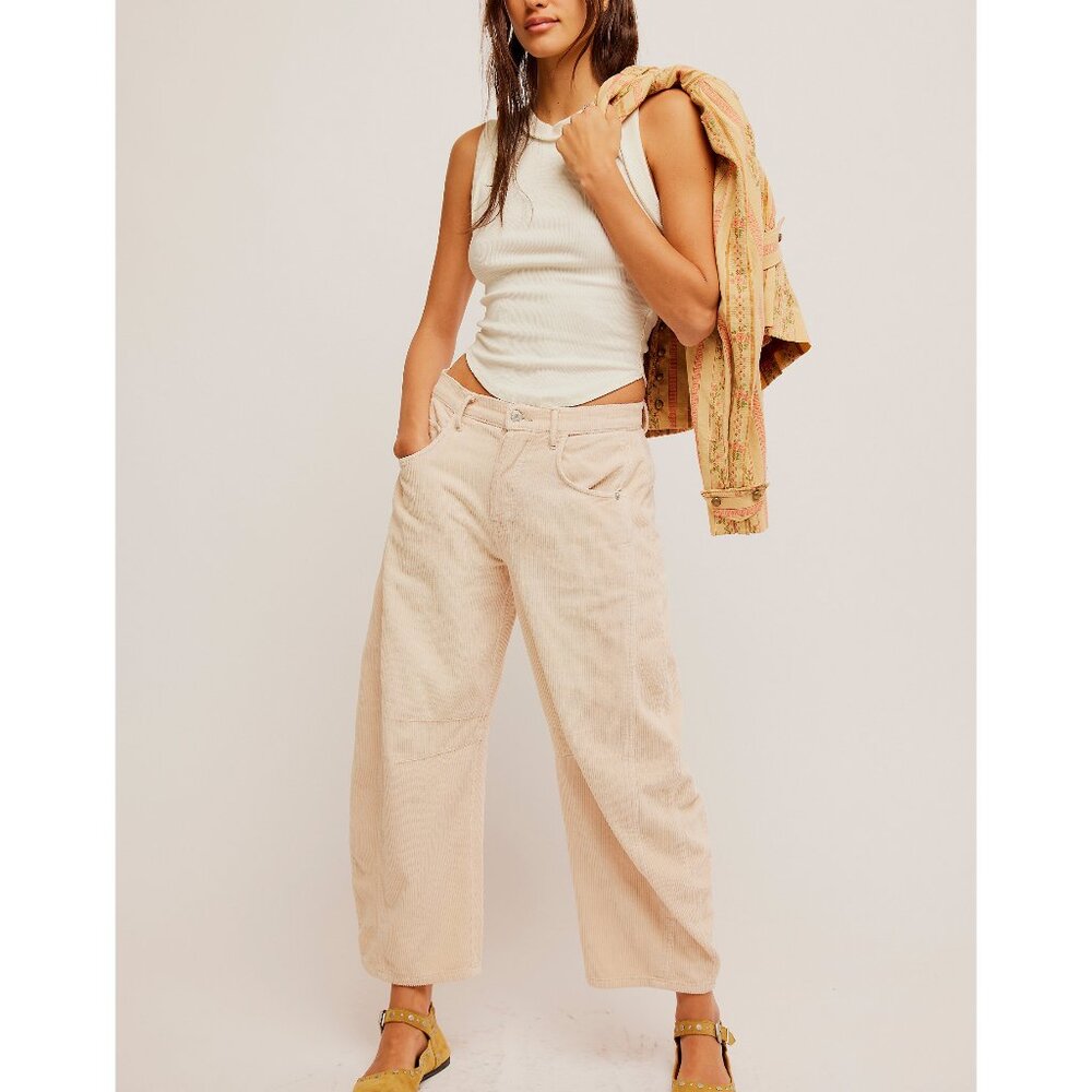 🆕 FREE PEOPLE We The Free Good Luck Cord Barrel Jeans / Crystal Grey